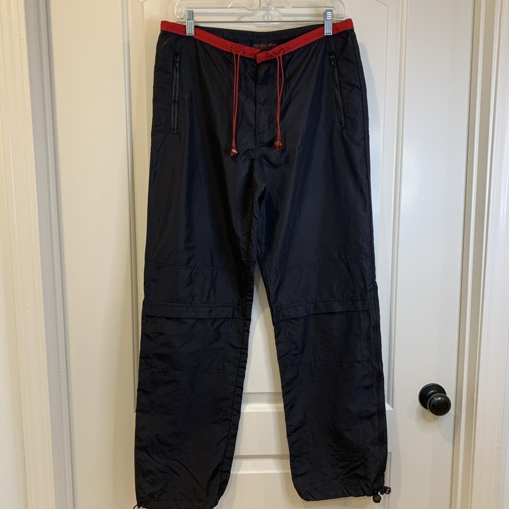 Ralph Lauren Women Black Nylon Track Pants Red Waistband‎ Drawstring Large